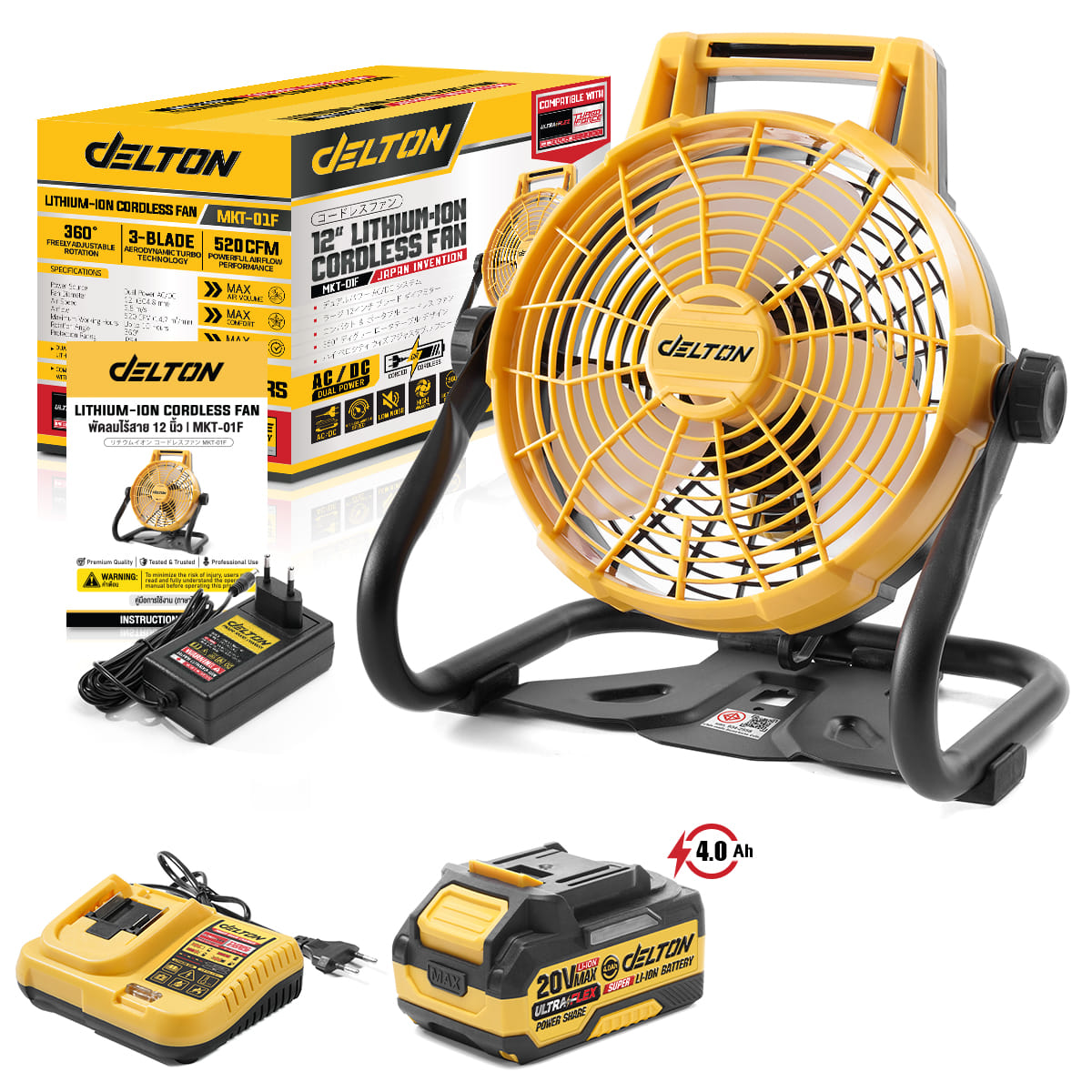 พัดลมไร้สาย 12 นิ้ว (พร้อมแบตเตอรี่) DELTON รุ่น MKT-01F ULTRAFLEX 20V 4AH_1